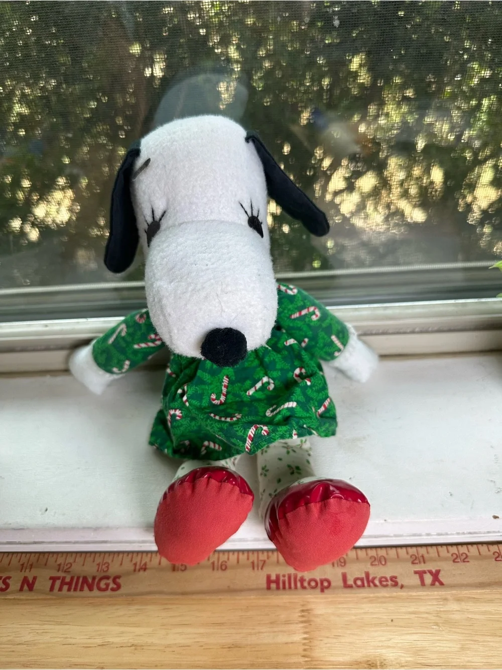 1968 Peanuts Snoopy sister belle 12” Plush Doll in Green Candy-Cane Dress